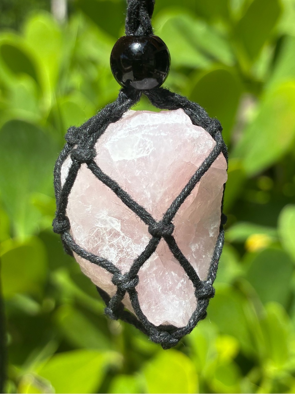 Raw Rose Quartz Macrame Crystal Necklace | Handcrafted Healing Stone Pendant